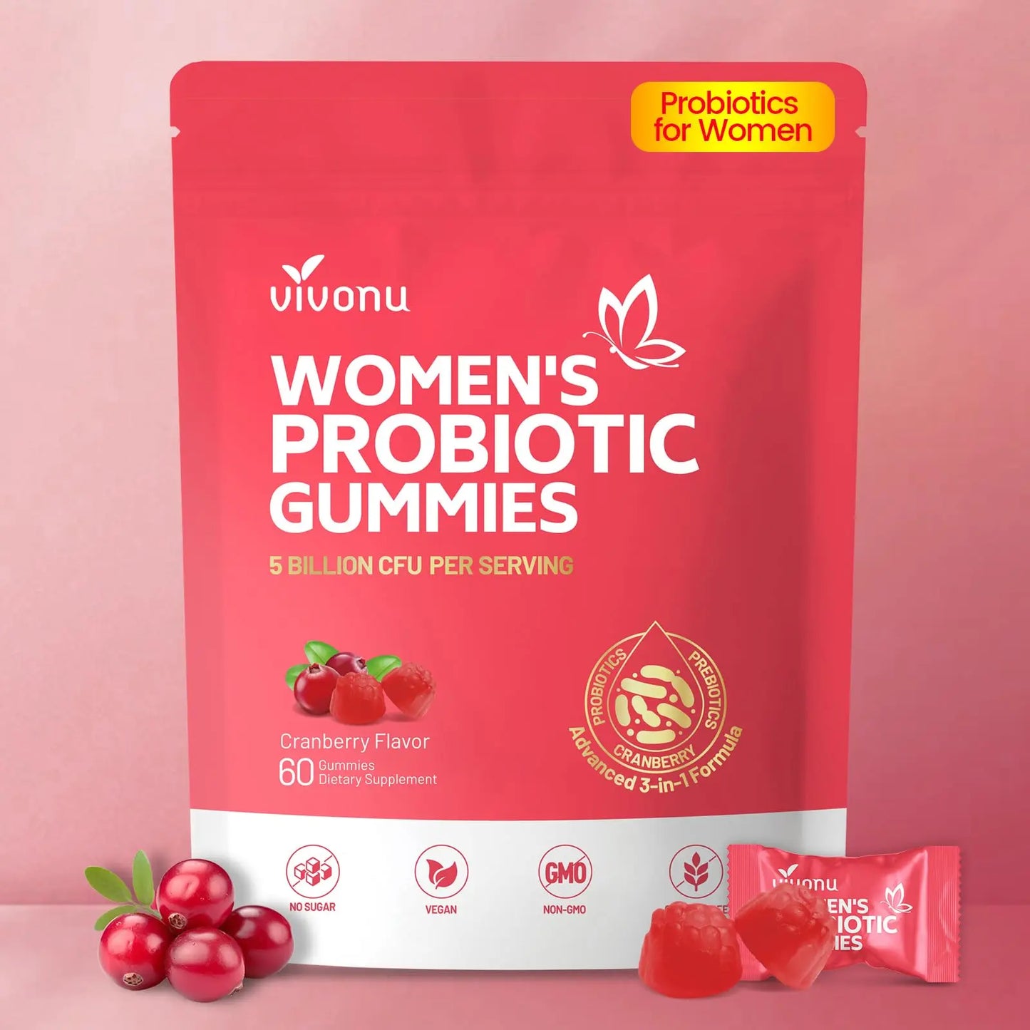 VivoNu Viginal Probiotics for Women, Women Probiotic Gummies, Feminine Balance Gummies, Prebiotic Gummy, Cranberry Probiotics for Woman Vaginigal Health, Yeast Ph Balance| 60 Gummies VivoNu