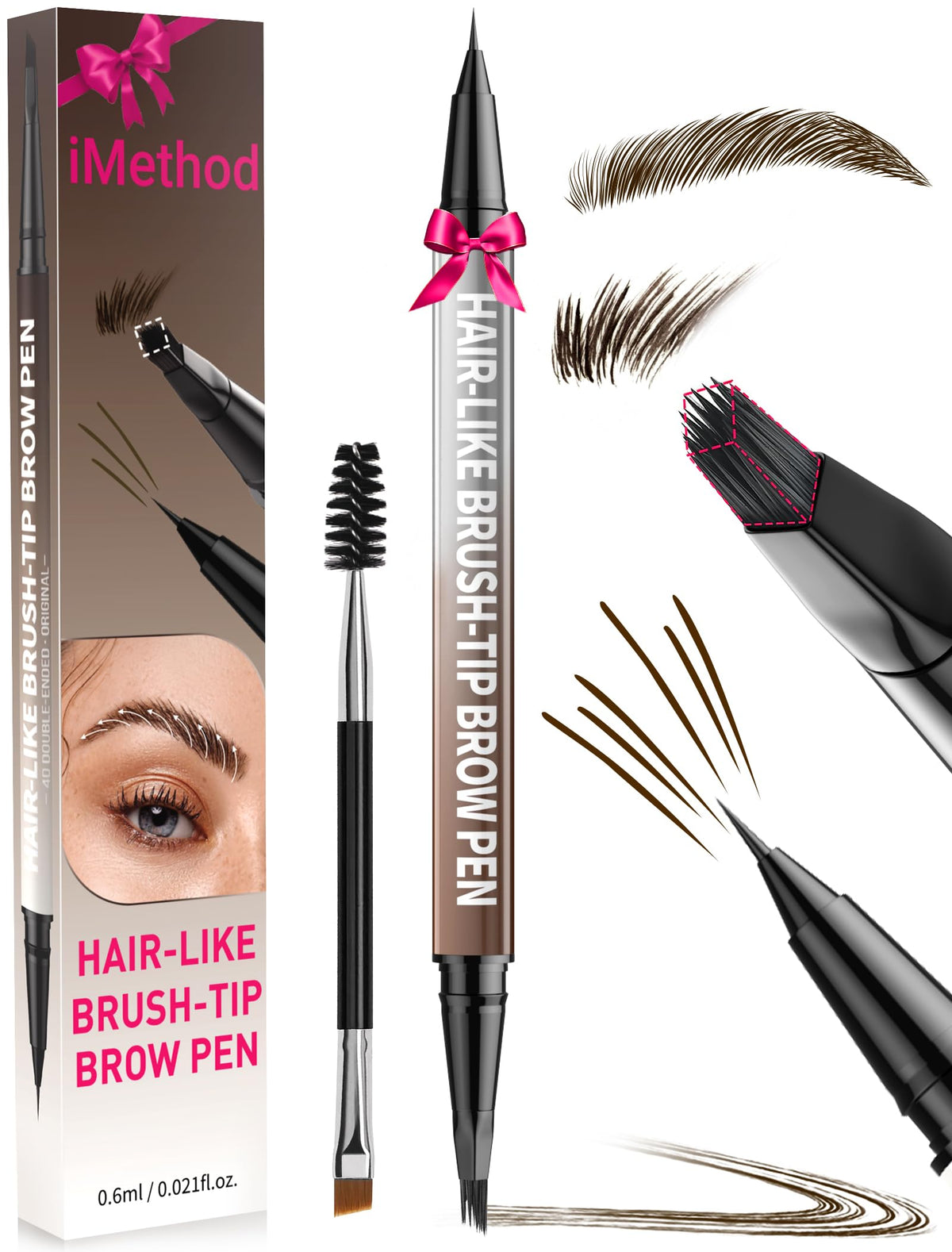 iMethod Eyebrow Pen - Eyebrow Pencil,2-in-1 Eyeliner Dual-Ended Brush-Tip Microblading 4d Eyebrow Pencils for women,Long Lasting Waterproof Hair-Like Brow Pencil,with Eyebrow Brush,DarkBrown iMethod