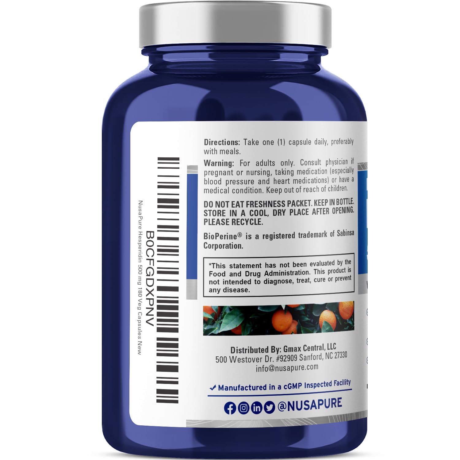 NusaPure Hesperidin 500 mg per Veggie Caps - 180 Capsules (BioPerine, High Absorption, Non-GMO) NusaPure buy australia supplements