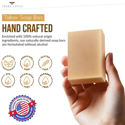 Terra Lotus - Organic Tallow Soap with Organic Castor Oil & Raw Honey - Hydrating & Nourishing - 3 Pack (Unscented) Terra Lotus