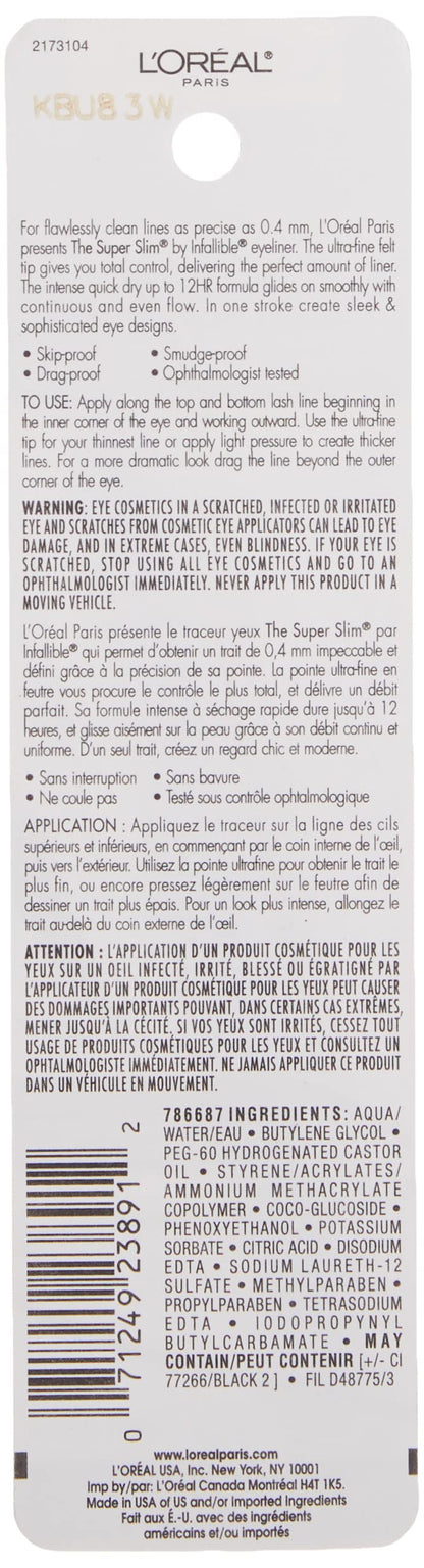 L'Oreal Paris Makeup Infallible Super Slim Long-Lasting Liquid Eyeliner, Ultra-Fine Felt Tip, Quick Drying Formula, Glides on Smoothly, Black, Pack of 1 L'Oreal Paris