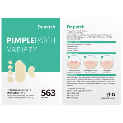 Dr.patch 563 Count Pimple Patches - Hydrocolloid Acne Patches for Face & Body, Invisible Thin, Large & Small Sizes for Whiteheads, Zits & Breakouts (Dots, Strip, Contoured 6 Sizes) Dr.patch