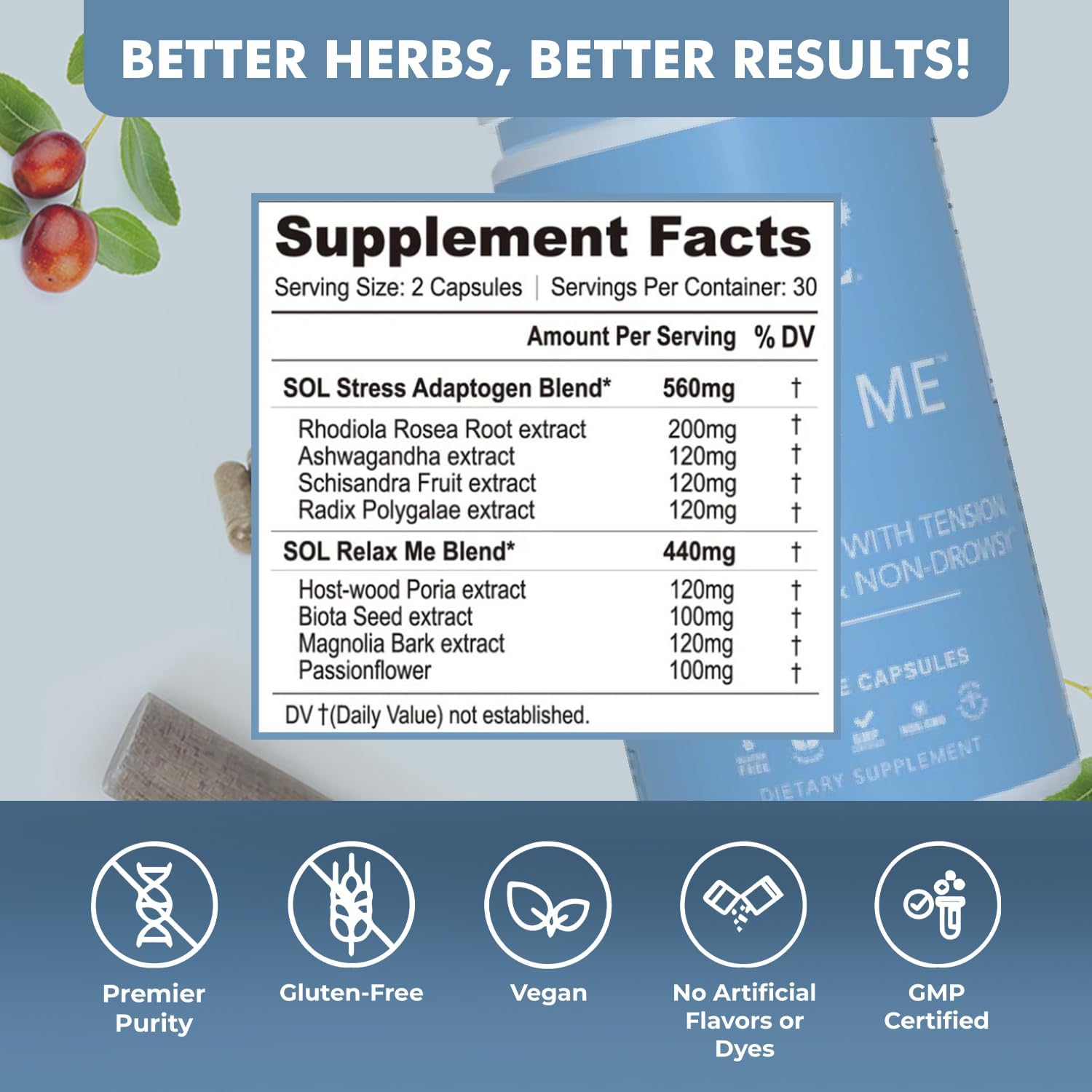 Sol Nutrition Relax Me - Natural Calming Relief for Stress, Tension, & Worry - 15x More Effective - Support Mood, Relax the Mind & Body - Supplements for Adults - Non-Drowsy - 60 Vegetarian Capsules Sol Nutrition buy australia supplements