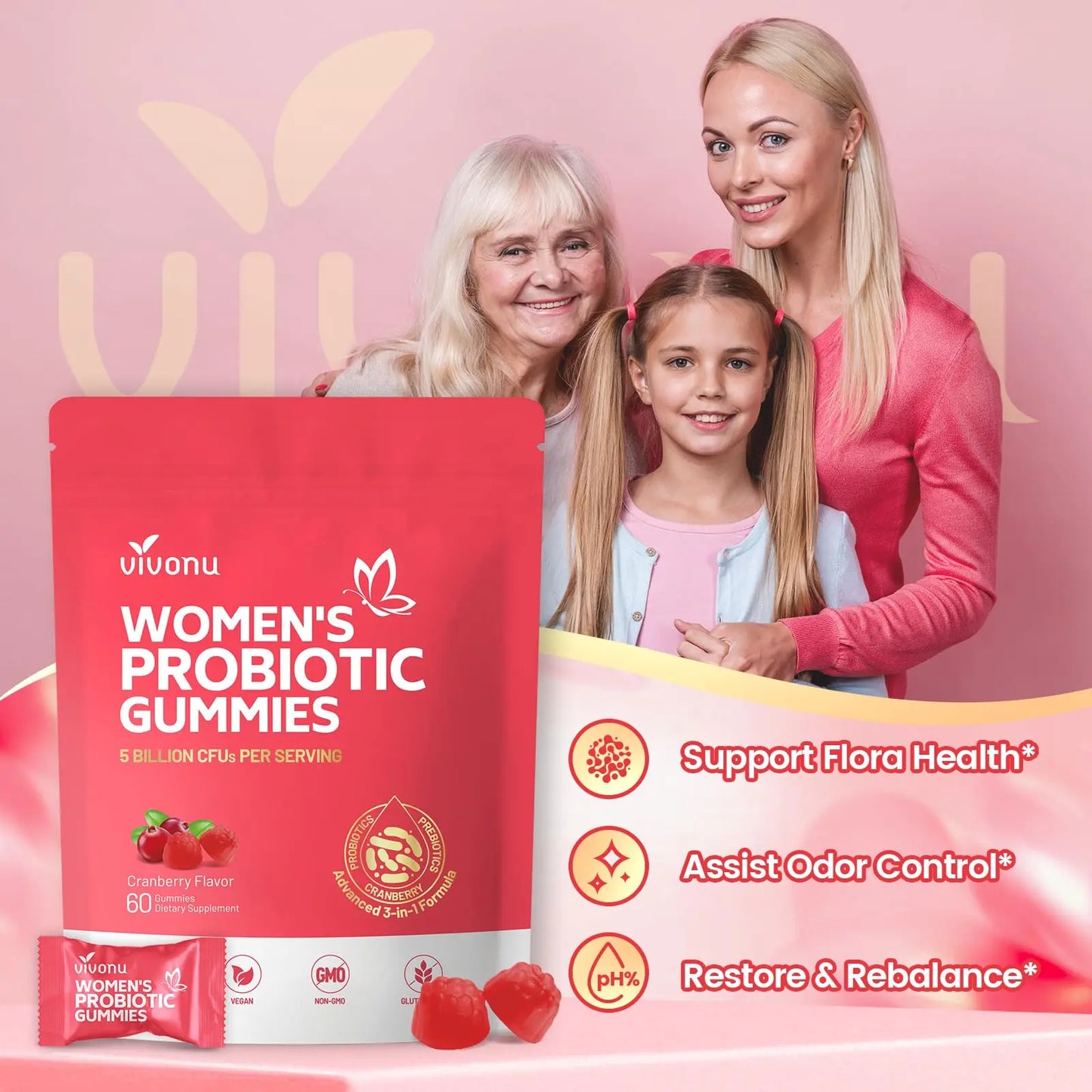 VivoNu Viginal Probiotics for Women, Women Probiotic Gummies, Feminine Balance Gummies, Prebiotic Gummy, Cranberry Probiotics for Woman Vaginigal Health, Yeast Ph Balance| 60 Gummies VivoNu