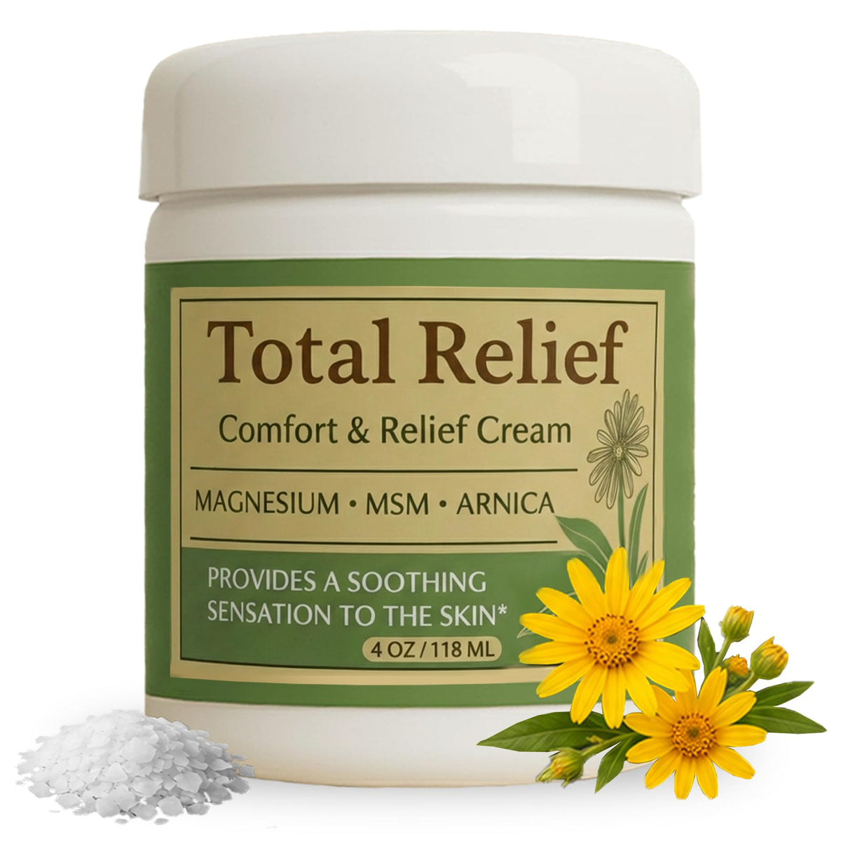 HiRelief Total Relief - Magnesium Cream - Topical Lotion for Muscles, Joints & Legs - Magnesium Chloride with MSM, Arnica & B6 - Lightweight & Fast-Absorbing - 4 Fl Oz (Pack of 1) HiRelief
