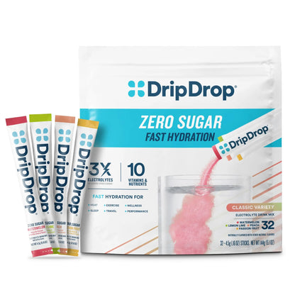 DripDrop Sugar Free Hydration Packets - Zero Classic Variety Pack - Single Serve Electrolytes Powder Drink Mix - Lemon Lime, Watermelon, Peach, Passion Fruit DripDrop