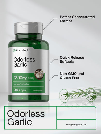 Horbäach Odorless Garlic Softgel Supplement | 200 Count | Ultra Potent Concentrated Herbal Extract | Non-GMO & Gluten Free Horbäach