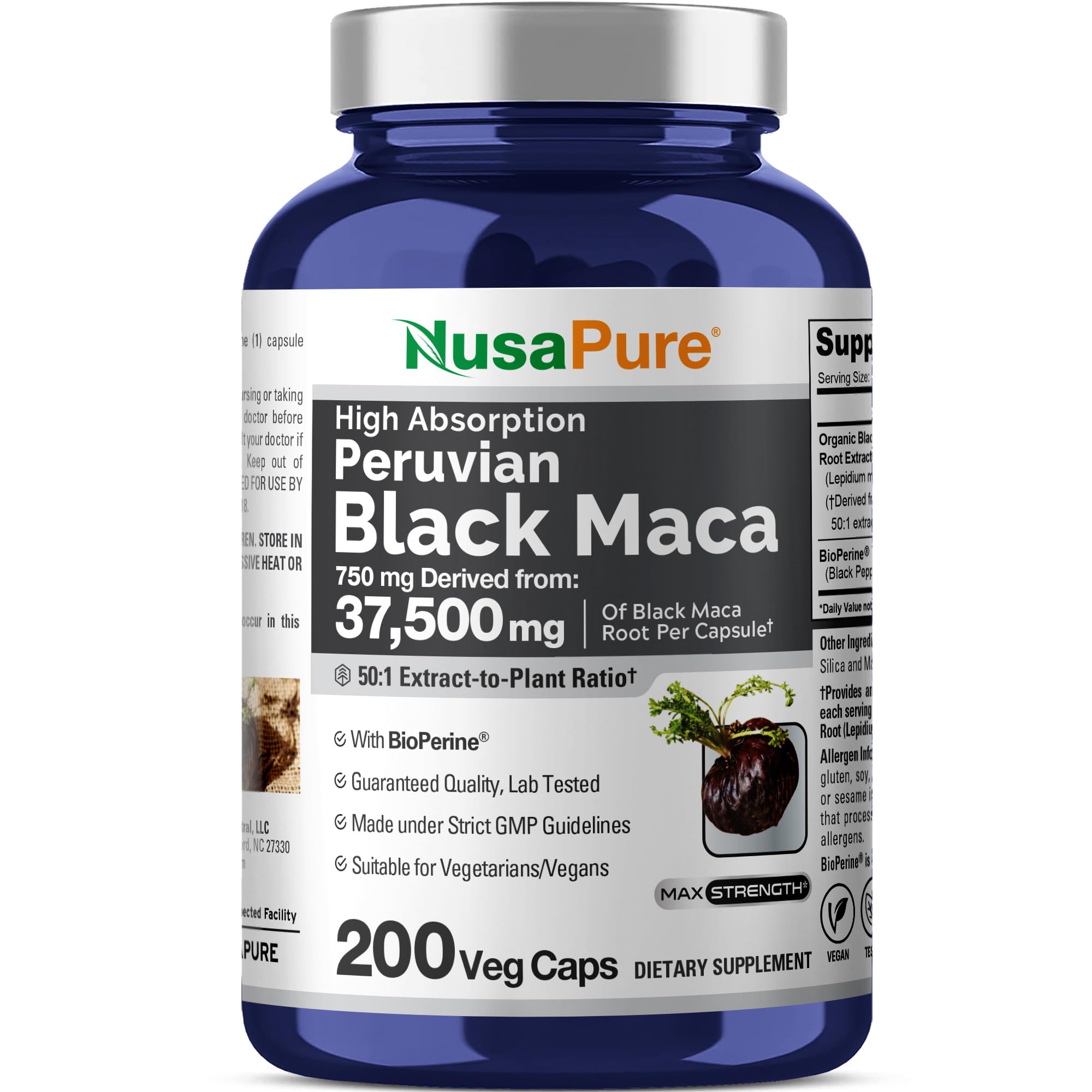 NusaPure Peruvian Black Maca Root Extract 50:1 - Suitable for Vegetarian/Vegan, Non - GMO - 37500 mg - 200 Capsules NusaPure buy australia supplements