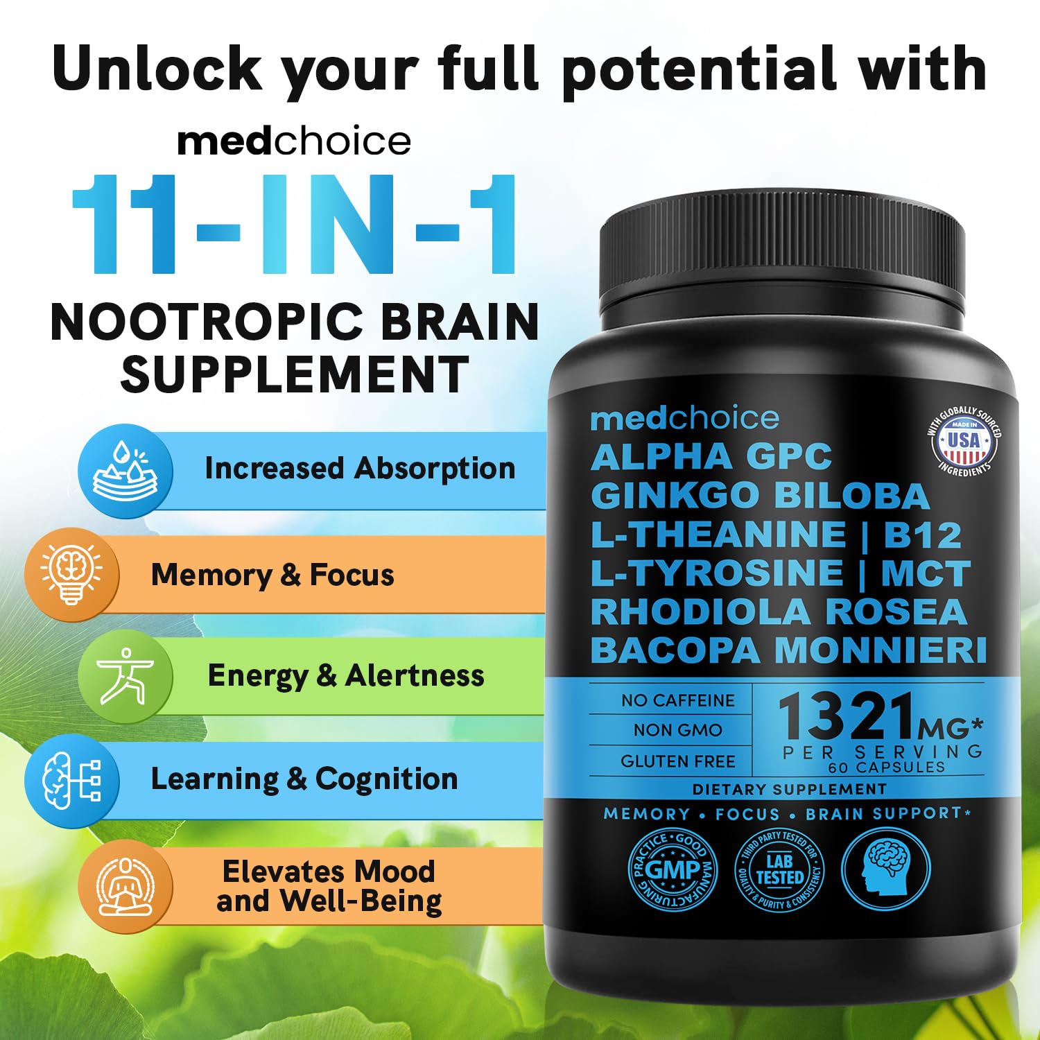 12-in-1 Nootropic Brain Supplement Anhydrous: Ginkgo Biloba for Brain Support, Memory and Focus - B12, Alpha GPC, L Theanine and Choline Supplements with Bioperine non Caffeinated 1321mg (120ct) MEDCHOICE buy australia supplements