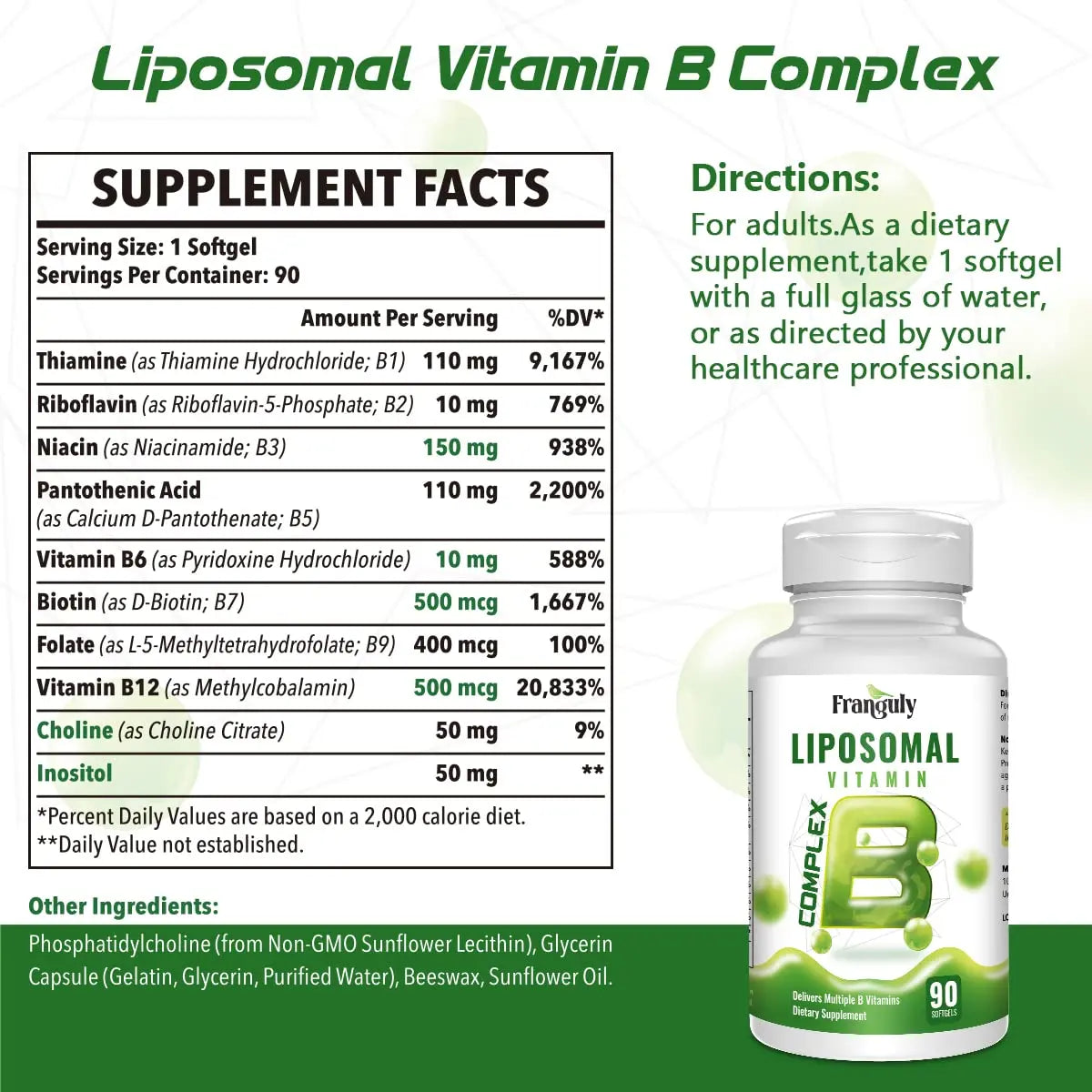 Liposomal B Complex for High Absorption Methylated B12,L-Methyfolate(5-MTHF ),Full Active B Vitamins with Choline Inositol-Energy, Metabolism,Brain & Heart Support Franguly