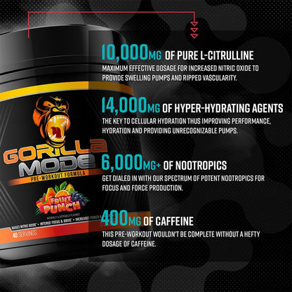Gorilla Mode Creatine Monohydrate Micronized Powder & Pre Workout (Watermelon)- Massive Pumps | Laser Focus Energy | Improved Muscle Size | Power Output and Strength