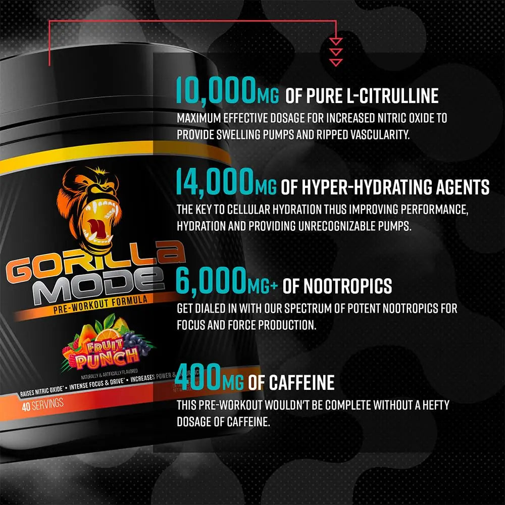 Gorilla Mode Pre Workout - Massive Pumps · Laser Focus · Energy · Power - L-Citrulline, Creatine, L-Tyrosine, Betaine, Hydroprime®, Alpha-GPC, 400mg Caffeine, Huperzine A - 792g (Rocket Frost) Gorilla Mind