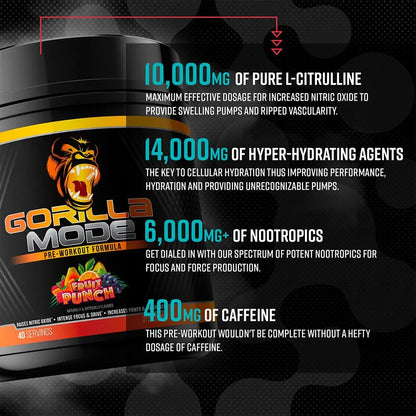 Gorilla Mode Pre Workout - Massive Pumps · Laser Focus · Energy · Power - L-Citrulline, Creatine, L-Tyrosine, Betaine, Hydroprime®, Alpha-GPC, 400mg Caffeine, Huperzine A - 792g (Rocket Frost) Gorilla Mind