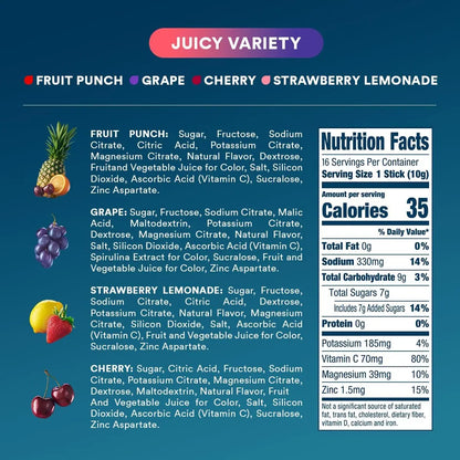 DripDrop Hydration Packets - Juicy Variety Pack - Single Serve Electrolytes Powder Drink Mix - Grape, Fruit Punch, Strawberry Lemonade, Cherry DripDrop