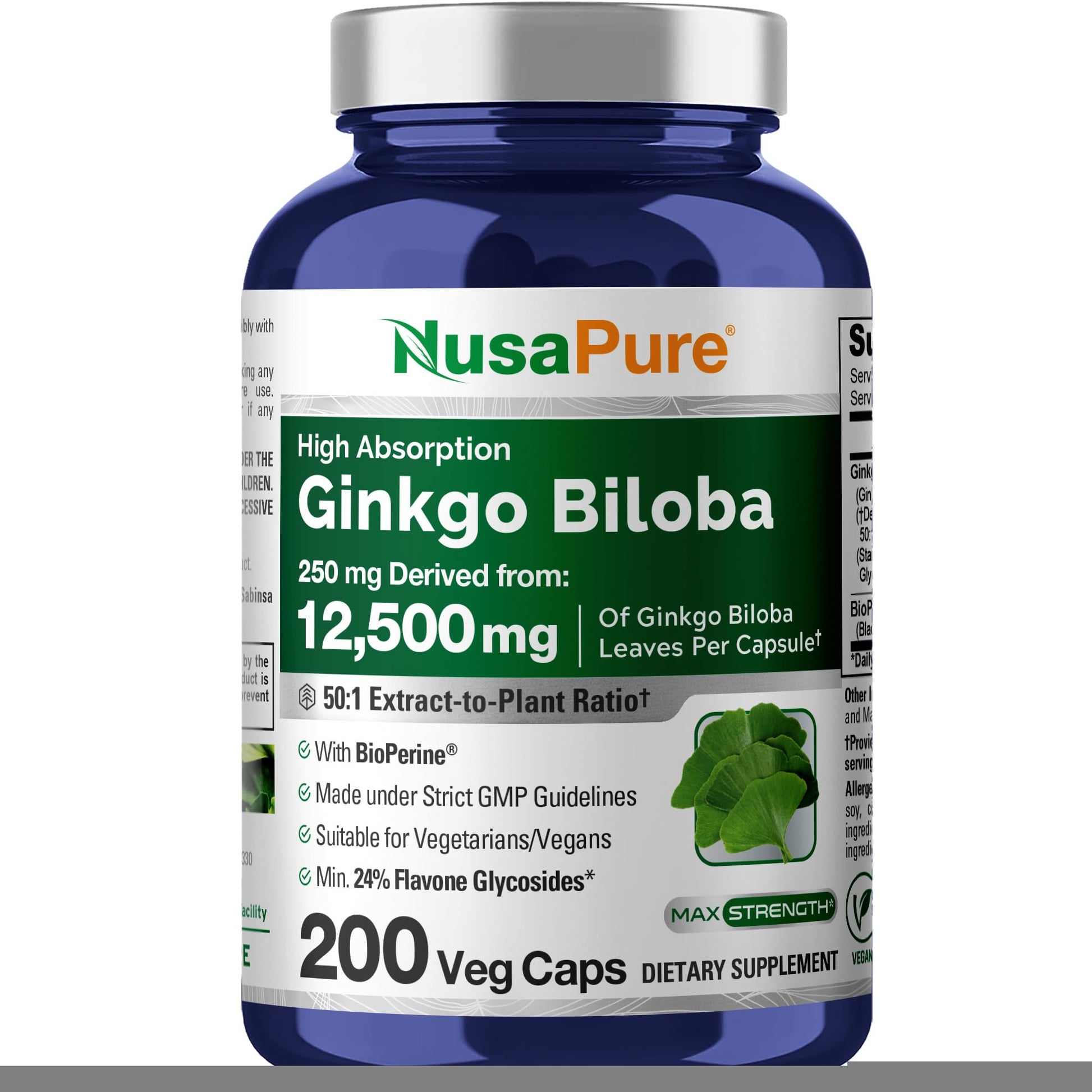 NusaPure Ginkgo Biloba 50:1 Extract, 250 mg Equivalent to 12,500 mg per Veggie Caps 200 Capsules (Vegetarian, Non-GMO, Vegan) Bioperine NusaPure buy australia supplements