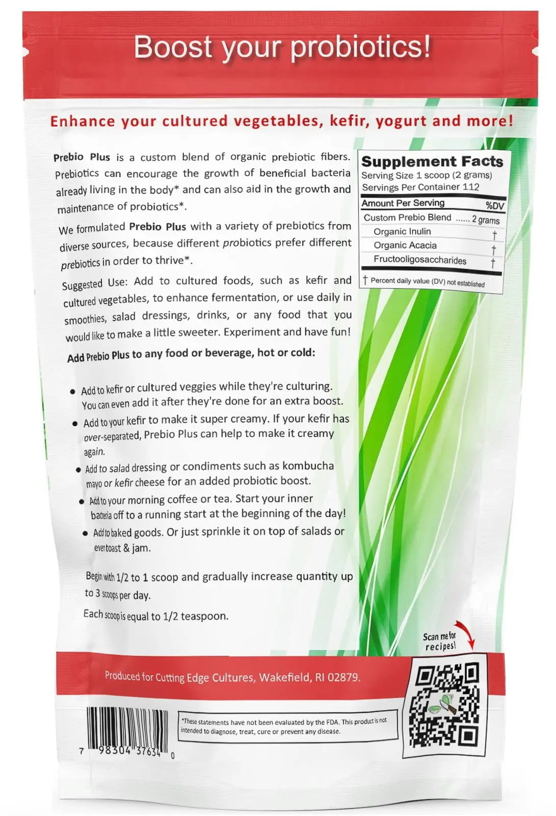 Cutting Edge Cultures Prebio Plus Prebiotic Fiber Powder Best Custom Blend of Organic Prebiotic Fibers Dietary Supplement 8 oz Cutting Edge Cultures