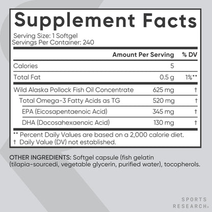 Sports Research® Omega-3 Fish Oil 1250mg from Wild Alaska Pollock, 90 Count | Always Fresh Never Fishy | 690mg EPA 260mg DHA per Softgel · Heart & Brain Health* · MSC Certified Sustainable - 90 Servings Gsupps Australia