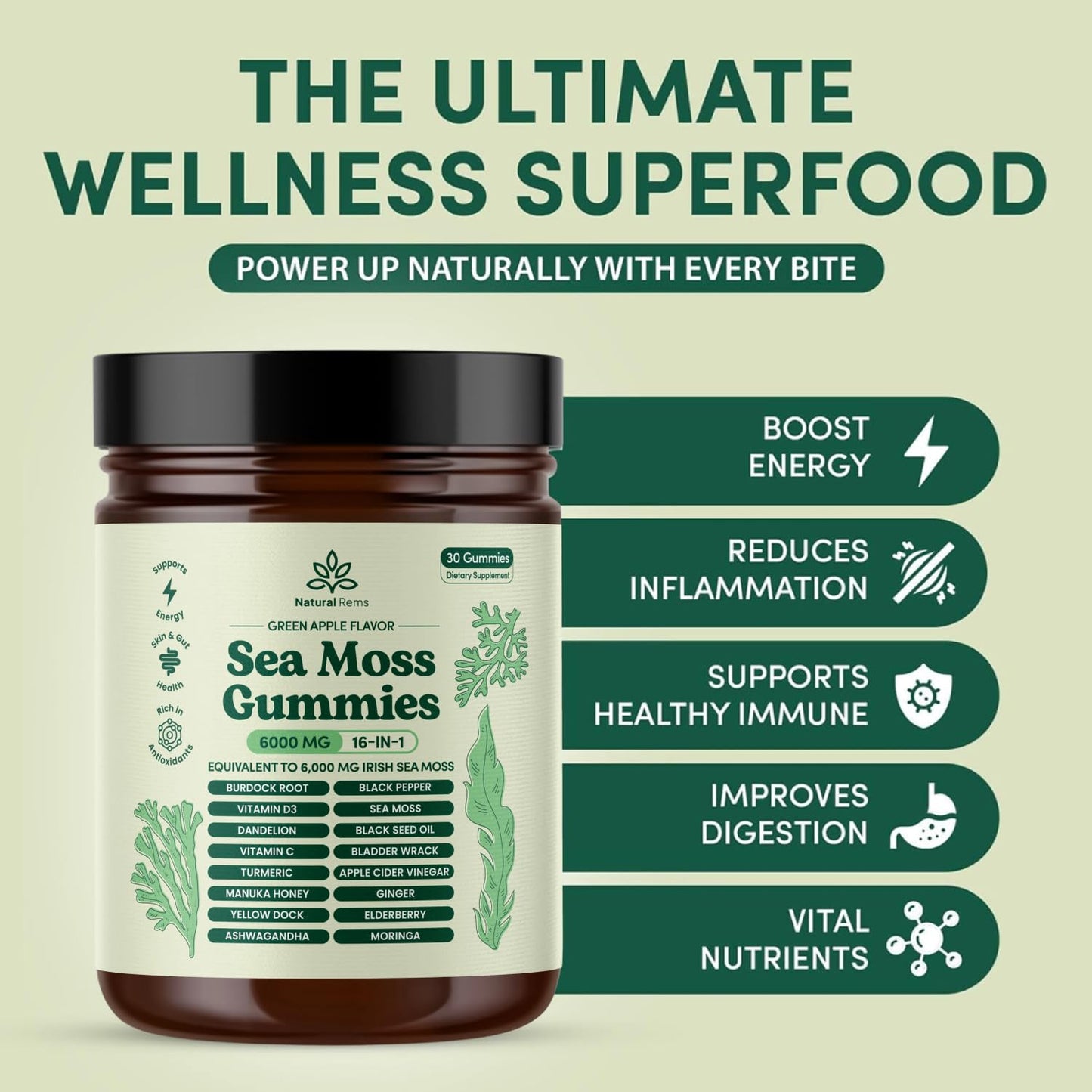 Natural Rems Sea Moss Gummies 16-in-1 - Ashwagandha Black Seed Oil Bladder Wrack Turmeric Vitamin C & D3 with Manuka Burdock Root Dandelion Yellow Natural Rems