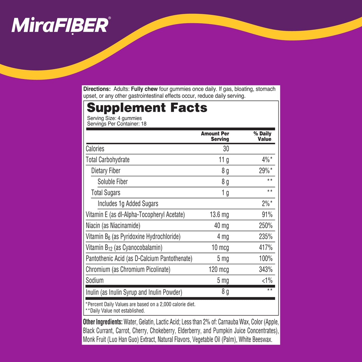 MiraFIBER Gummies from The Makers of MiraLAX, 8g of Daily Fiber Per Serving, Metabolism Support with B Vitamins, Gut Health for Men & Women MiraLAX