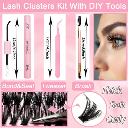 OLLAVO Lash Clusters Kit, 640 Pcs Eyelashes Clusters Extensions, 9-16mm Individual Lashes D Curl Fluffy Wispy 1 Eyelashes Thin Band with Bond Seal Tweezers Brush DIY (30D+40D+50D+60D Kit 9-16mm) OLLAVO