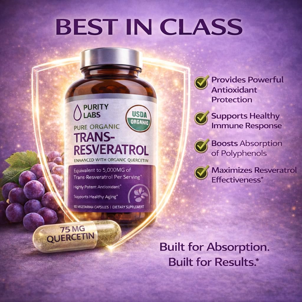 Purity Labs Trans-Resveratrol Supplement 5,000 mg Equivalent per Serving with Quercetin, USDA Organic High Potency Antioxidant, Purity Labs