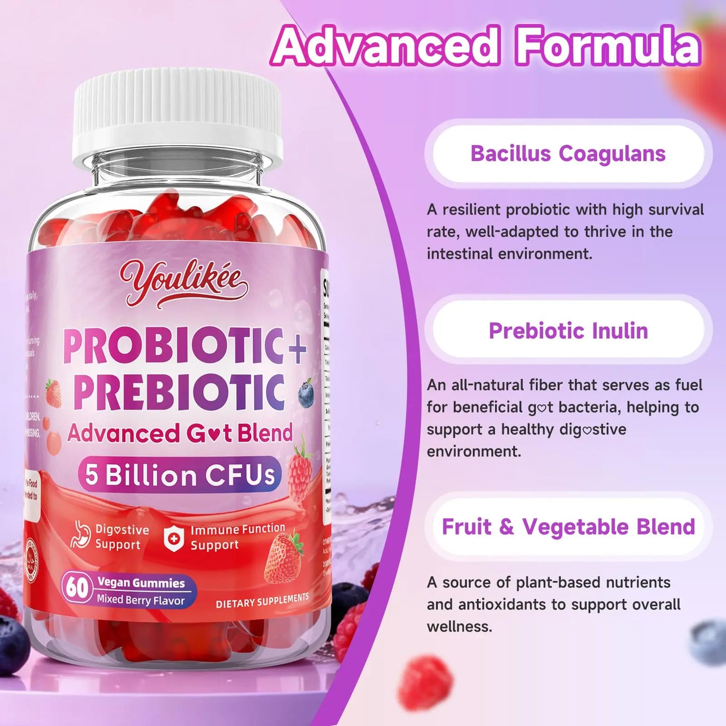 Youlikee 2 Pack Prebiotic + Probiotic Gummies for Women and Men, Probiotic Gummies Supports Gut Health, 5 Billion CFUs with Fibers, Youlikee