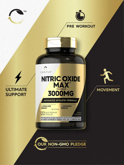 Carlyle Nitric Oxide Supplement 3000mg | 120 Capsules | with L-Arginine & L-Citrulline | for Men & Women | Pre & Post Workout | Non-GMO, Gluten Free Carlyle