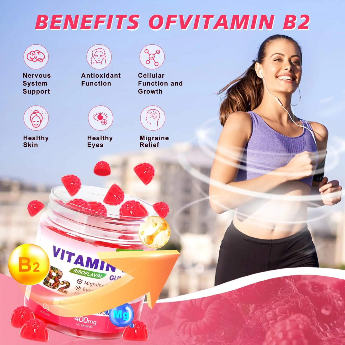 Vitamin B2 Gummies Riboflavin 400mg Supplement with Magnesium for Kids & Adults B2 Gummies for Migraine Relief, Headache Relief & Nervous System Support OUYIYUA