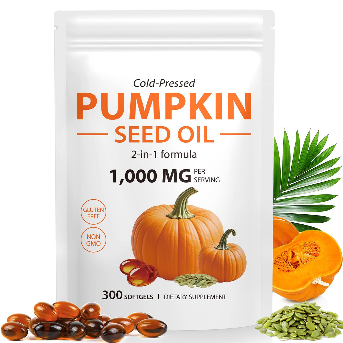 Pumpkin Seed Oil with Saw Palmetto, 1000mg per Serving, 300 Softgels – Cold Pressed Pumpkin Seed Oil Capsules for Hair, Prostate, Urinary & Bladder Health flasture