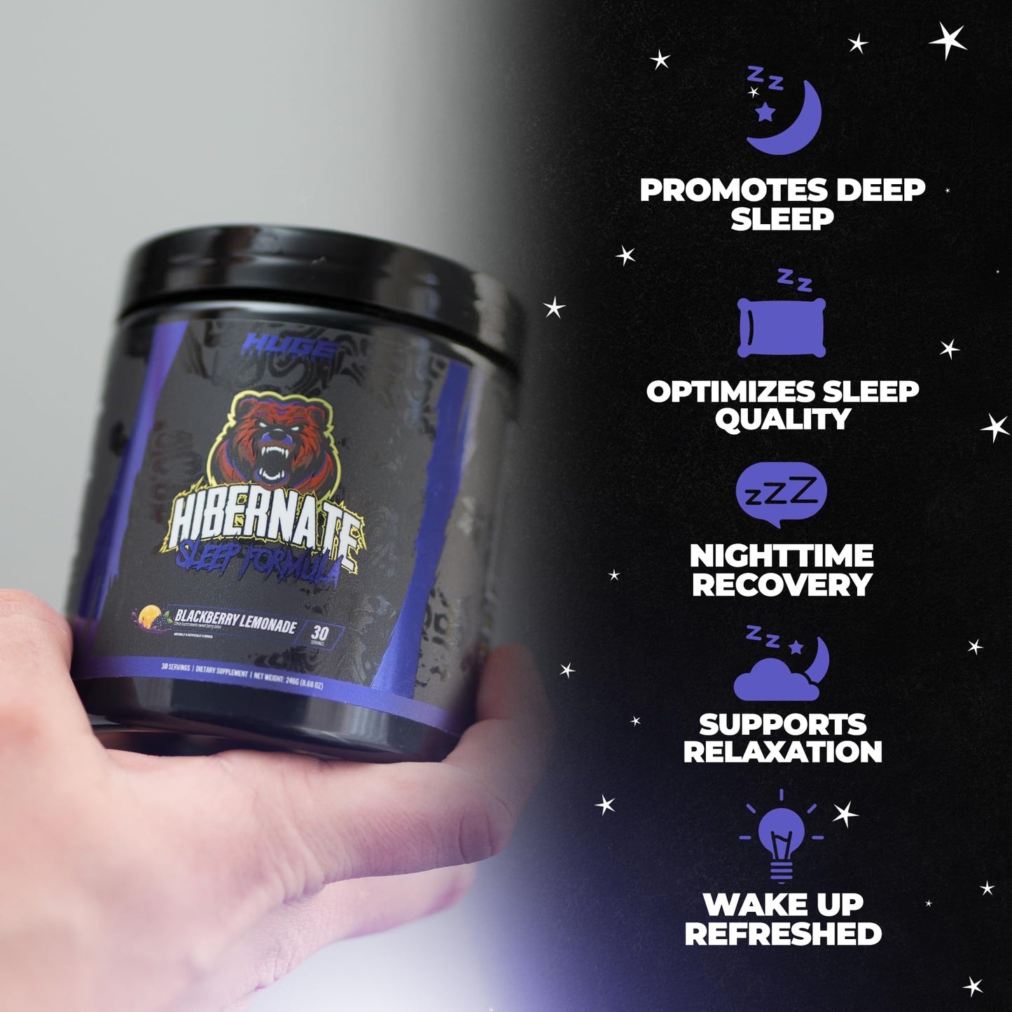 Hibernate Sleep Supplement, Complete & Optimally Dosed Sleep Recovery Formula, Relax & Unwind, Includes GABA, Valerian Root, Melatonin, 5-HTP & More (30 Servings) (BlackBerry Lemonade)