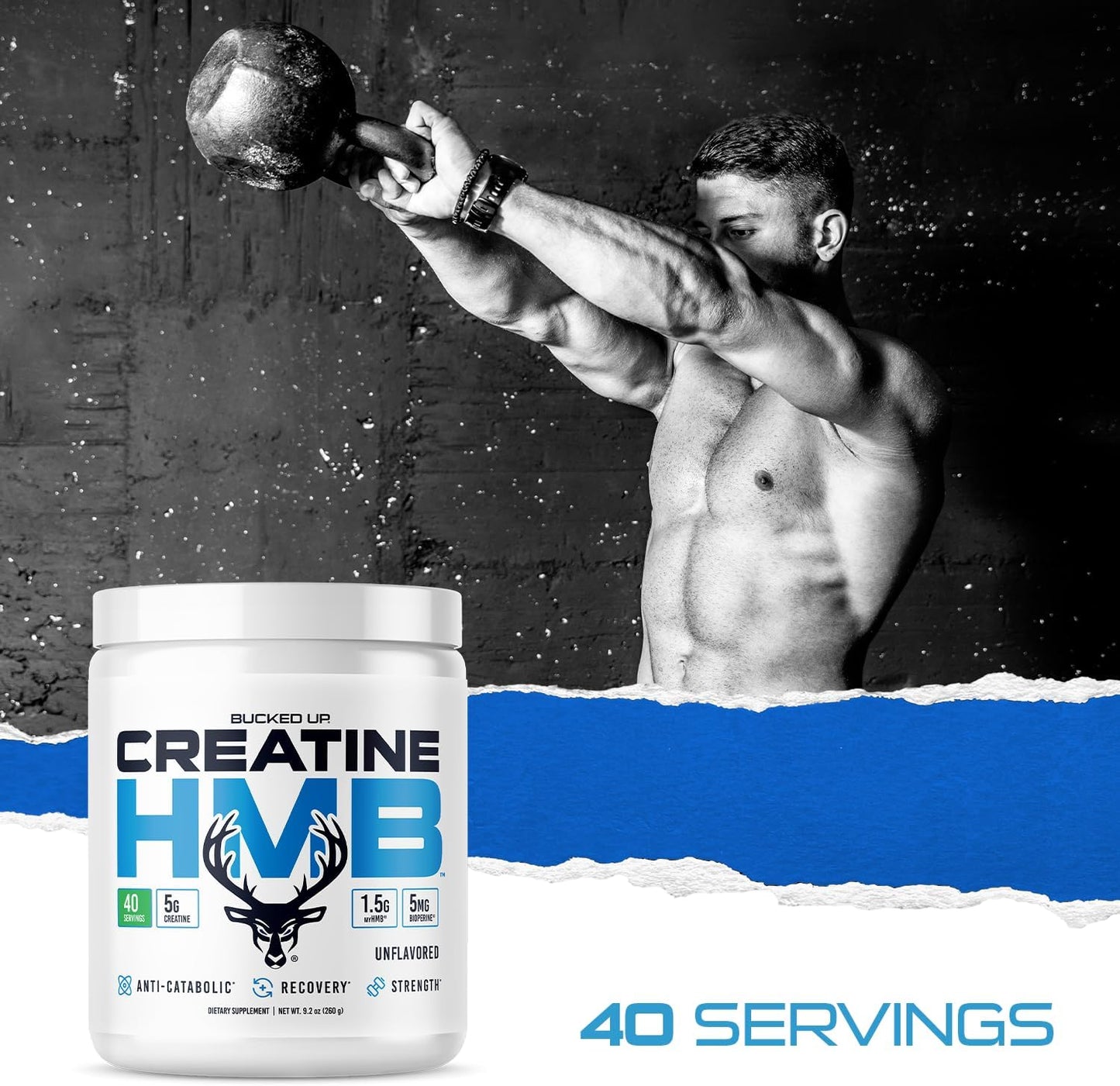 Bucked Up Creatine HMB 40 Servings Unflavored | 5g Creatine Monohydrate with 1.5g myHMB and 5mg BioPerine | Dietary Supplement Powder for Men and Women