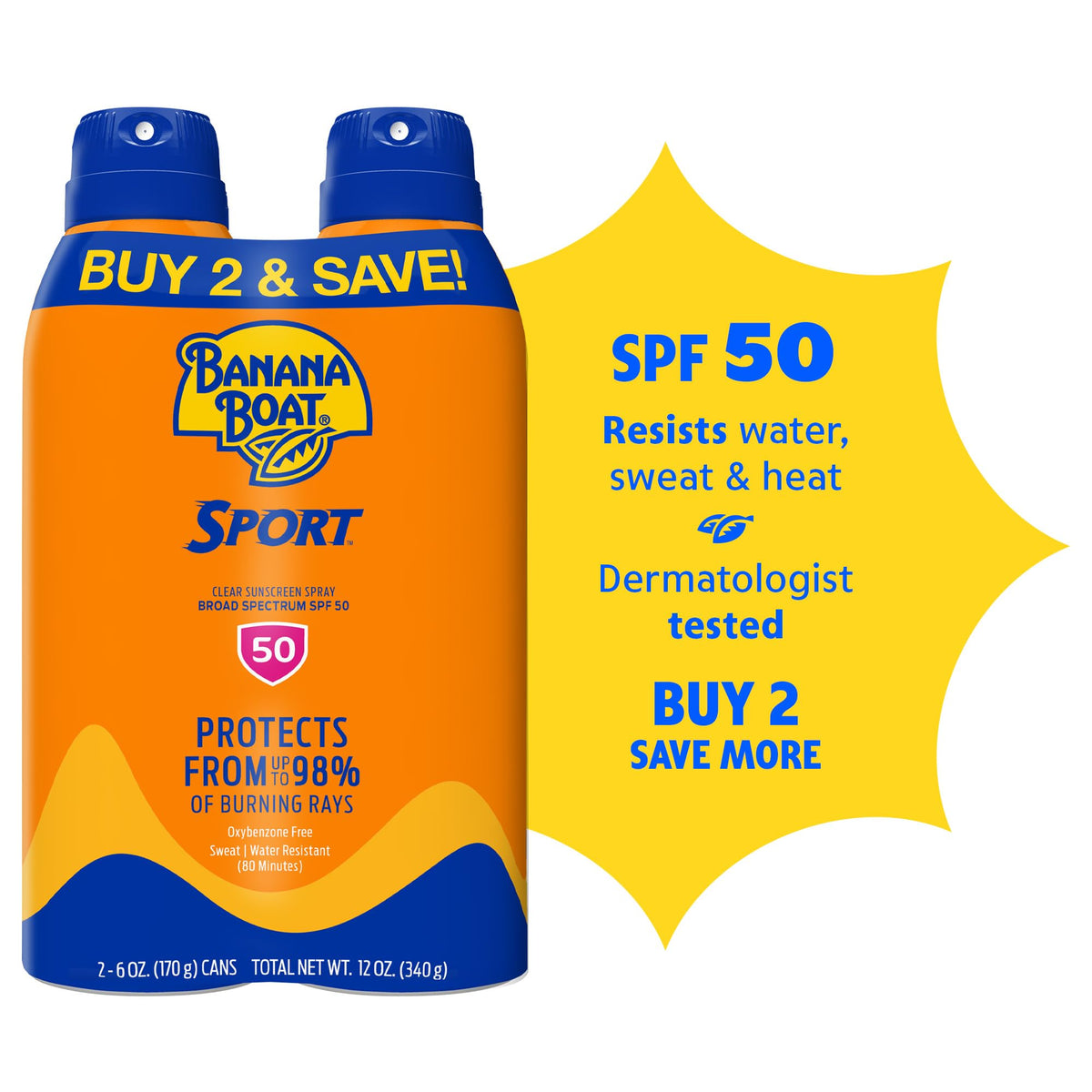 Banana Boat Sport SPF 50 Sunscreen Spray, 6 oz (2 Pack) Banana Boat