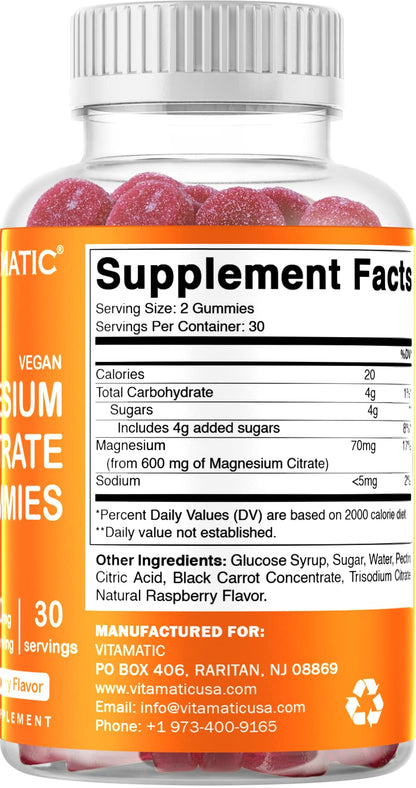 Vitamatic Magnesium Gummies 600mg per Serving – 60 Vegan Gummies – Relaxation, Muscle, Bone & Energy Support – 3 Pack Vitamatic