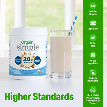 Orgain Organic Simple Vegan Protein Powder, Vanilla - 20g Plant Based Protein, Made with less Ingredients, No Artificial Sweeteners, Gluten Free, No Dairy or Lactose, 1.25 lb (Packaging May Vary) Orgain