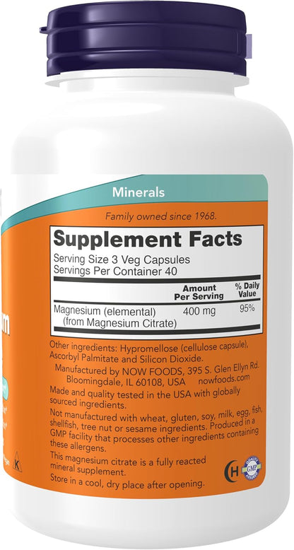 NOW Supplements, Magnesium Citrate, Enzyme Function*, Nervous System Support*, 120 Veg Capsules Gsupps Australia
