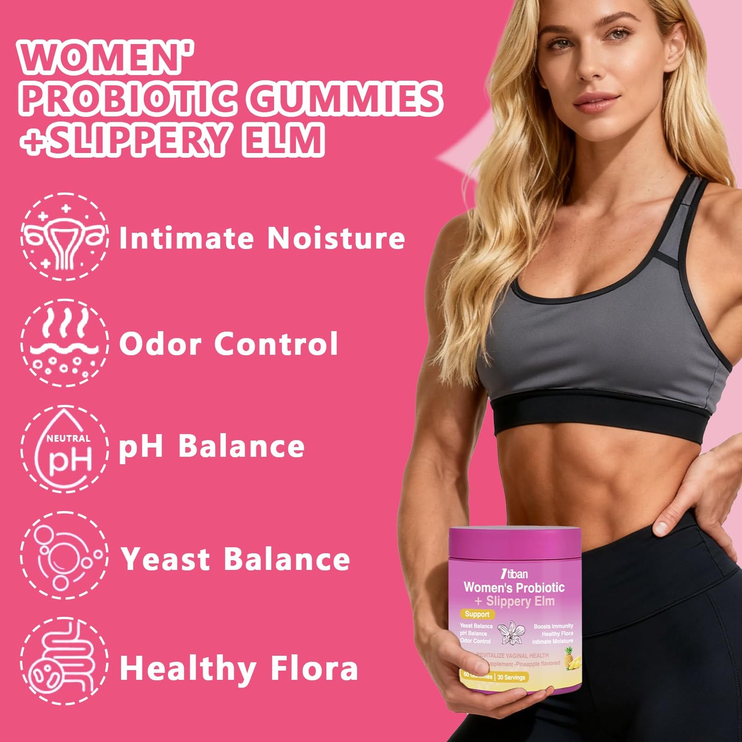 Itiban Feminine Vaginal Probiotics Gummies, Supports pH Balance & Digestive Health, Slippery Elm for Women, Suagr-Free Itiban