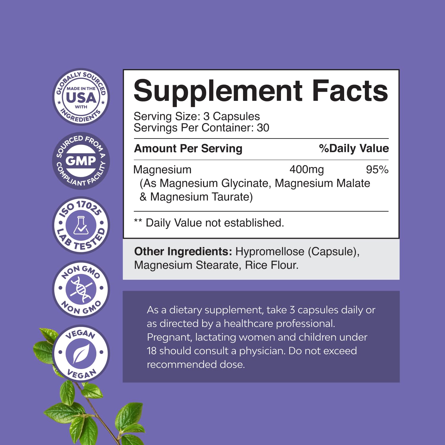 Triple Magnesium Complex 400mg w Magnesium Glycinate Taurate Malate - 180ct | Magnesium triple complex for women and men with magnesium taurate glycinate malate blend Magnesio Gsupps Australia