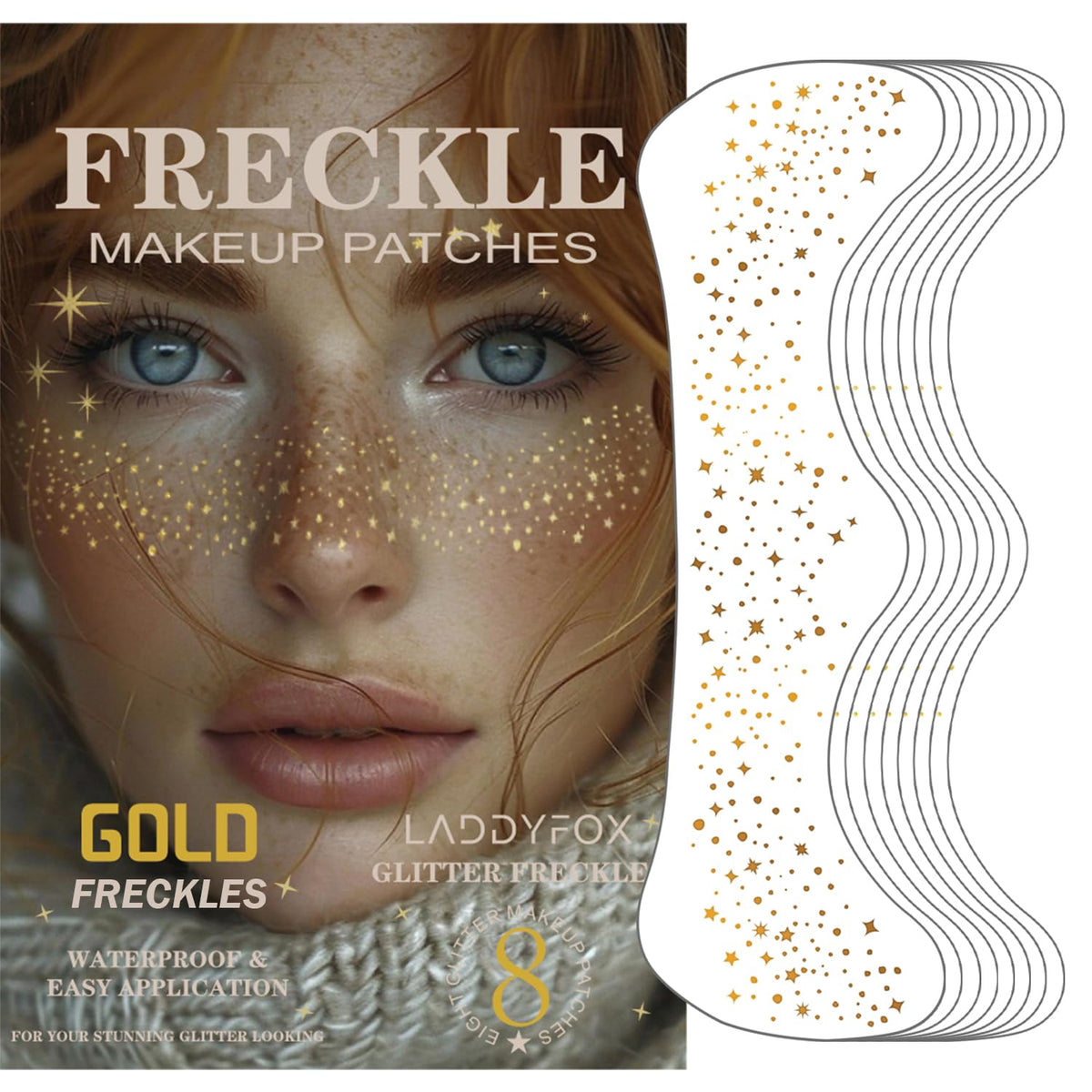 8 Pcs Gold Temporary Glitter Freckles Face Tattoo for Birthday and Party LADDYFOX