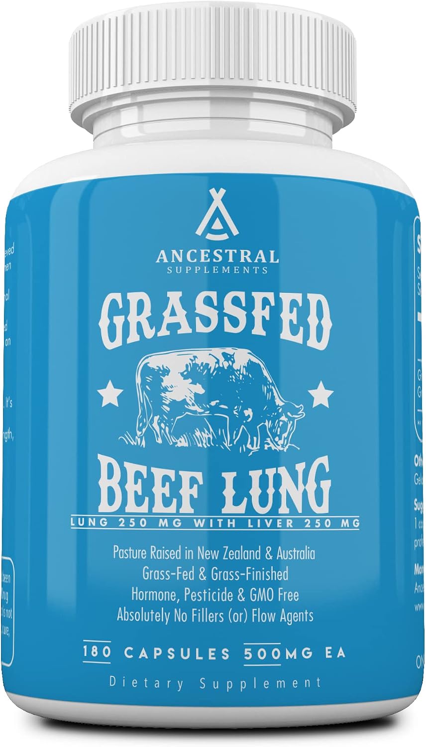 Ancestral Supplements Grass Fed Beef Lung Supplement with Liver, 500mg, Lung and Liver Supplement Supports Lung, Respiratory, Vascular, and Circulatory Health, Non-GMO, 180 Capsules