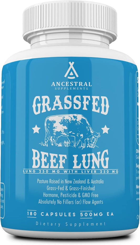 Ancestral Supplements Grass Fed Beef Lung Supplement with Liver, 500mg, Lung and Liver Supplement Supports Lung, Respiratory, Vascular, and Circulatory Health, Non-GMO, 180 Capsules