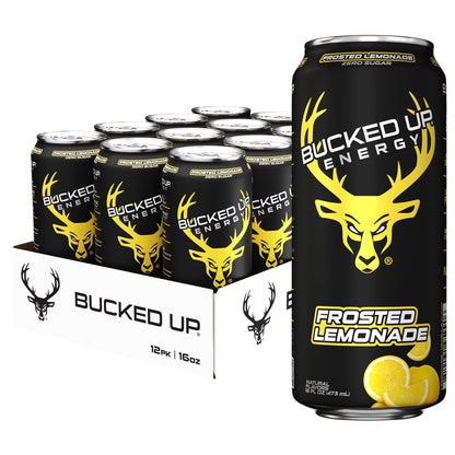 Bucked Up Energy Zero Sugar | 300mg Caffeine Energy Drink with AlphaSize TeaCrine Dynamine and Huperzine A | Zero Sugar Performance Beverage, 12 Pack, 16 fl oz Cans (Frosted Lemonade)