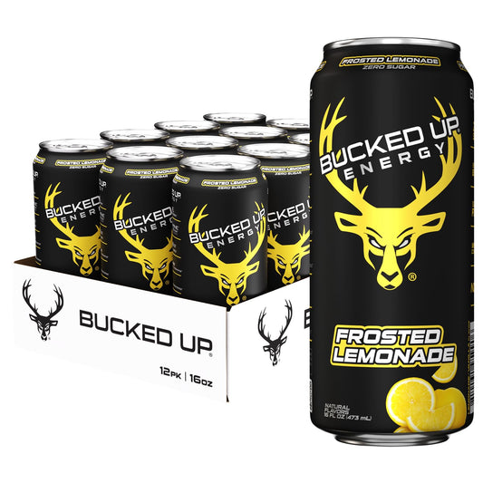 Bucked Up Energy Zero Sugar | 300mg Caffeine Energy Drink with AlphaSize TeaCrine Dynamine and Huperzine A | Zero Sugar Performance Beverage, 12 Pack, 16 fl oz Cans (Frosted Lemonade)