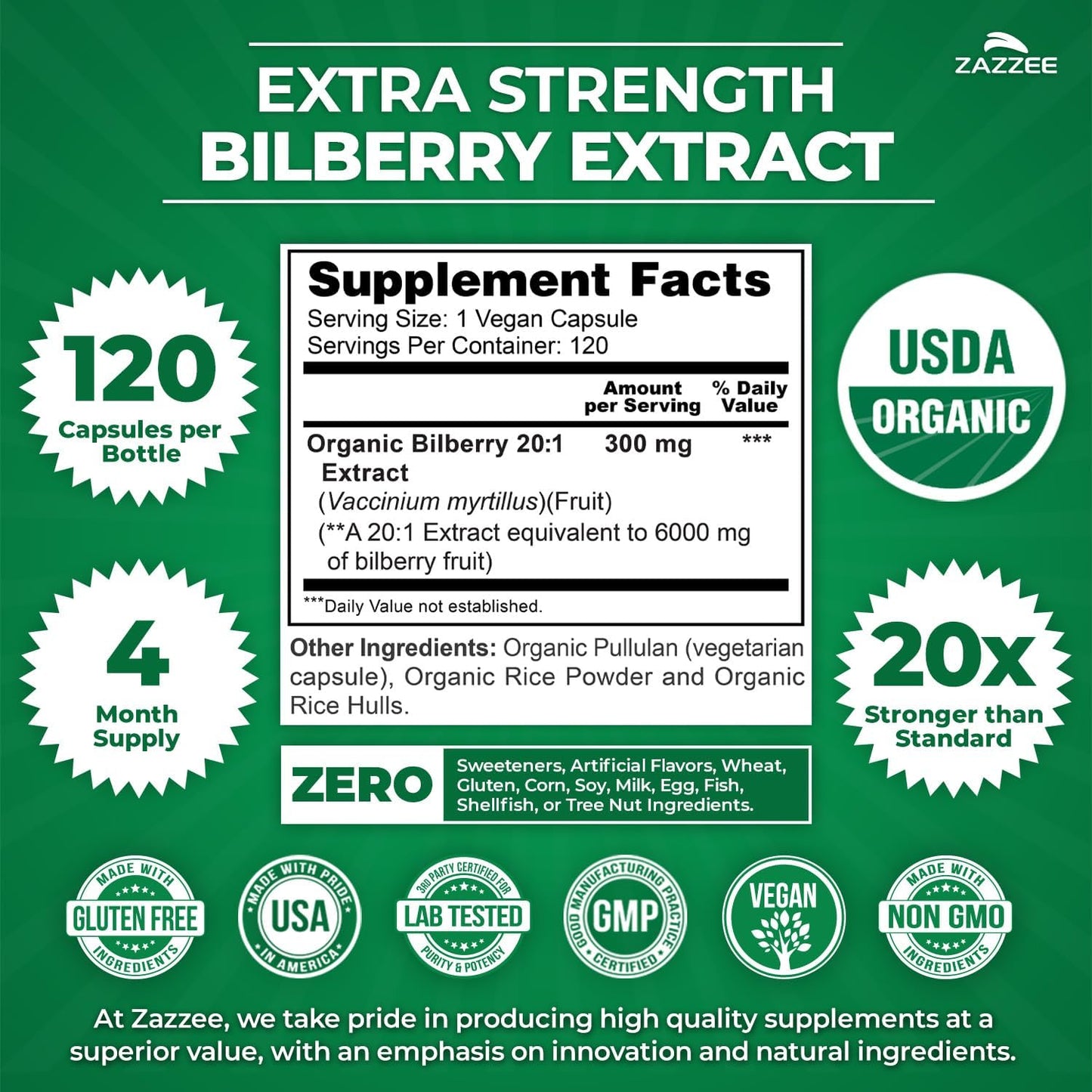 Zazzee USDA Organic Bilberry 20:1 Extract, 120 Capsules, 4 Month Supply | Vegan, Vaccinium Myrtillus, Eye Health, Vision & Antioxidant Support, All-Natural, Non-GMO, Made in the USA Gsupps Australia