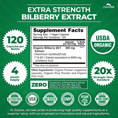Zazzee USDA Organic Bilberry 20:1 Extract, 120 Capsules, 4 Month Supply | Vegan, Vaccinium Myrtillus, Eye Health, Vision & Antioxidant Support, All-Natural, Non-GMO, Made in the USA Gsupps Australia