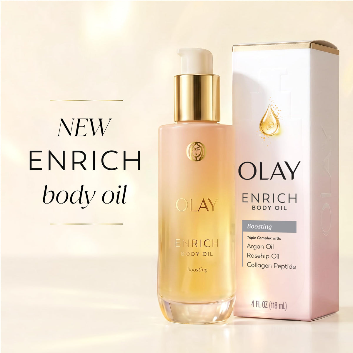 Olay Enrich Boosting Body Oil for Women, with 3-in-1 Oil + Serum Complex with Argan Oil, Rosehip Oil, and Collagen Peptide, Free of Sulfates, Parabens & Phthalates, Vanilla Plum & Amber Scent, 4 fl oz Olay