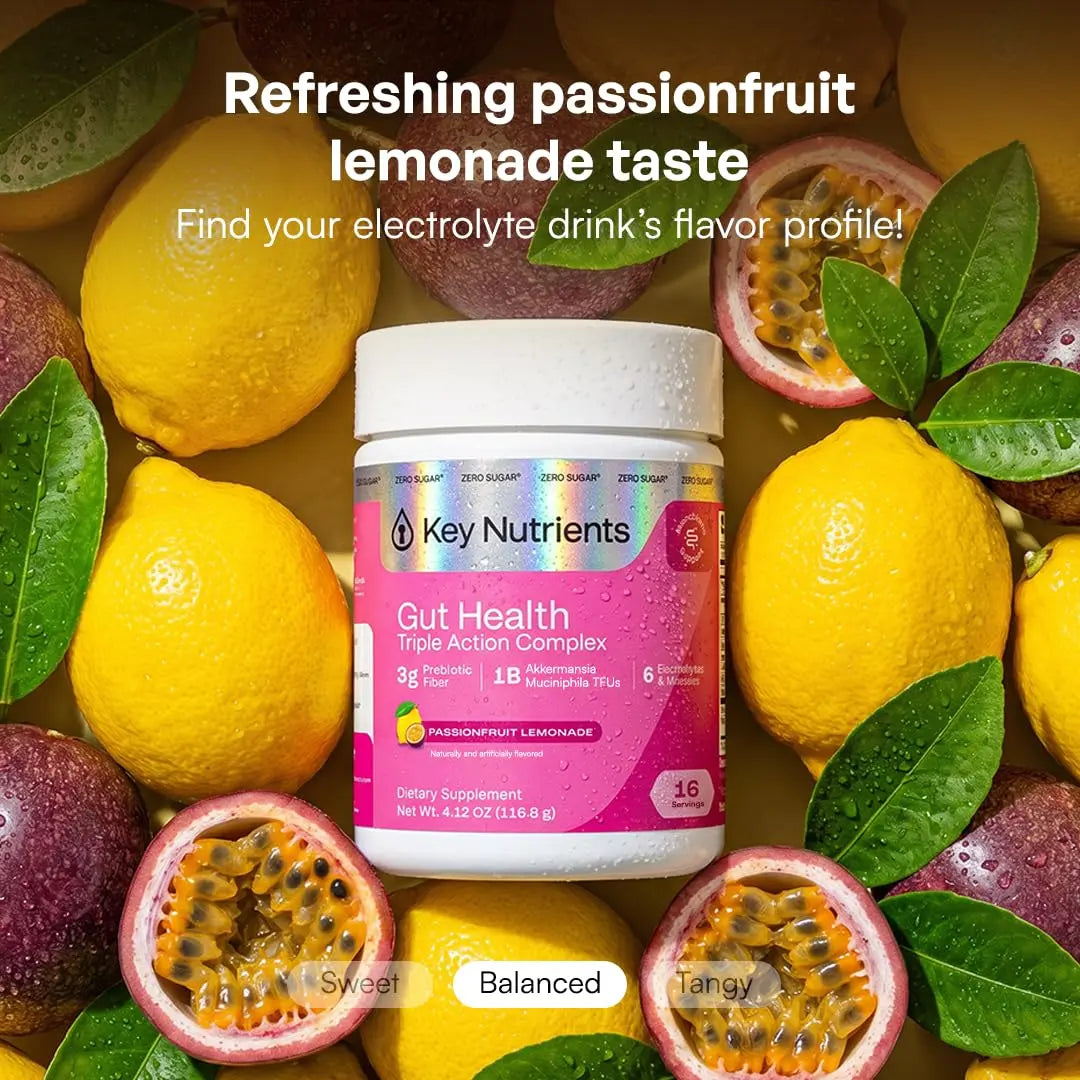 KEY NUTRIENTS Gut Health Hydration – Passionfruit Lemonade, Fiber Supplement with 3g Prebiotic Fiber & Akkermansia Probiotics for Women and Men KEY NUTRIENTS