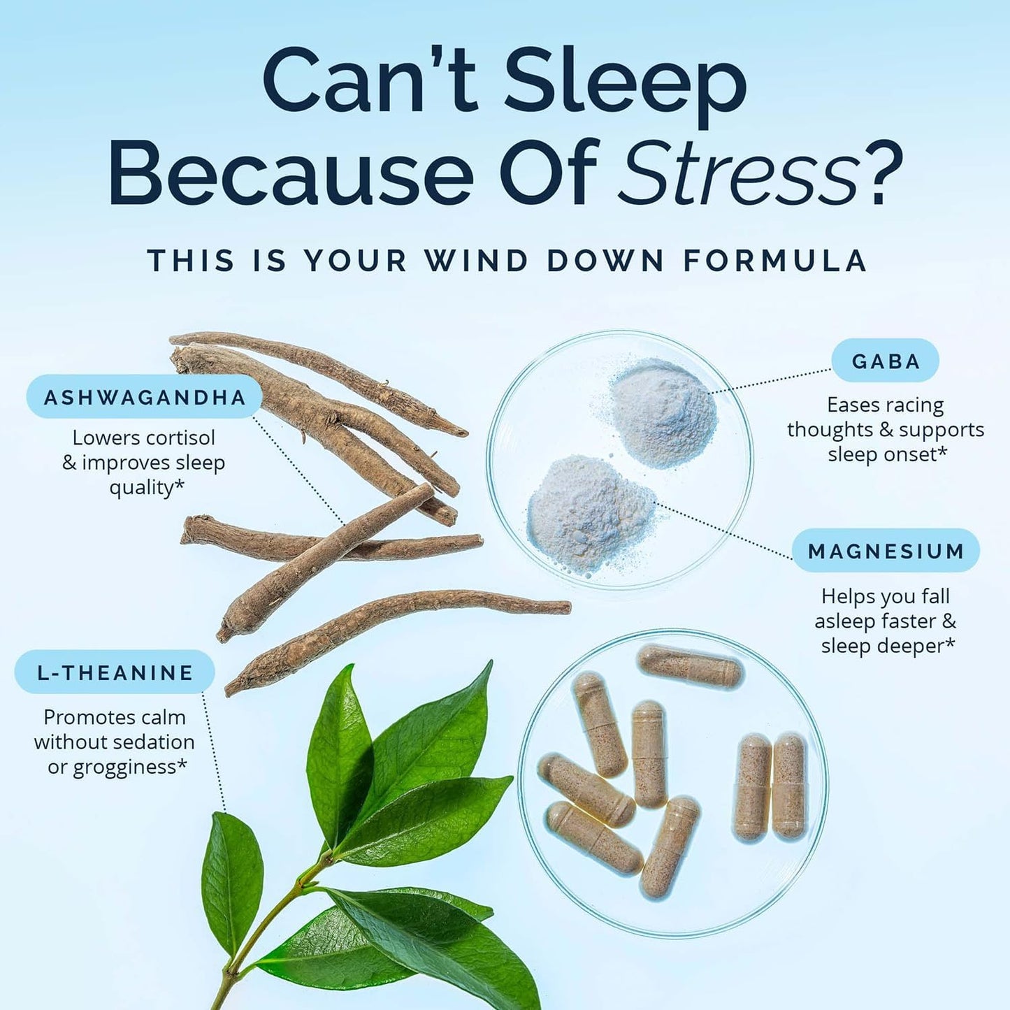 BRAINMD Stress Relief & Sleep Supplement - Natural Calming Formula with GABA & Magnesium - 60 Capsules