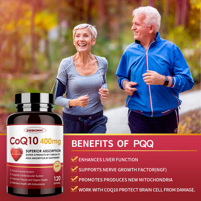 ZEBORA CoQ10-400mg-Softgels with PQQ, BioPerine & Omega-3, Coenzyme Q10(Ubiquinone) Supplement for High-Absorption, Powerful-Antioxidant ZEBORA