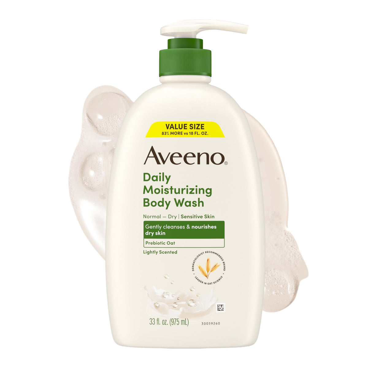 Aveeno Daily Moisturizing Body Wash for Normal to Dry Skin, Sensitive Formula with Prebiotic Oat, Gently Cleanses Dry Skin, Lightly Scented Body Wash for Women and Men, Value Size 33 fl. Oz Aveeno
