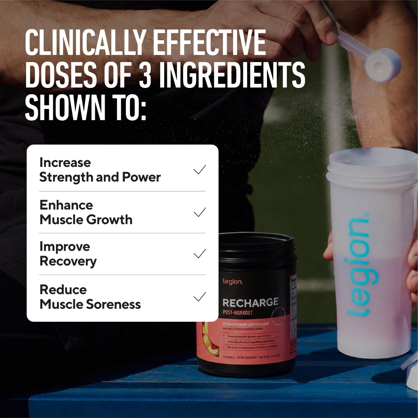 LEGION Recharge Post Workout Drink - Micronized Creatine Monohydrate Natural Post Workout Recovery Drink - Muscle Builder & Recovery Booster Post Workout Supplements (Strawberry Lemonade, 30 Servings)